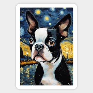 Boston Terrier Dog Breed Painting in a Van Gogh Starry Night Art Style Sticker